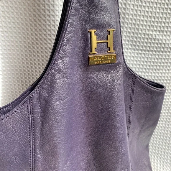 Halston Heritage Leather Tote XL oversized Bag eggplant purple slouchy hobo - Picture 2 of 12